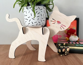 Wood Cat Plant Stand: House Plant Riser