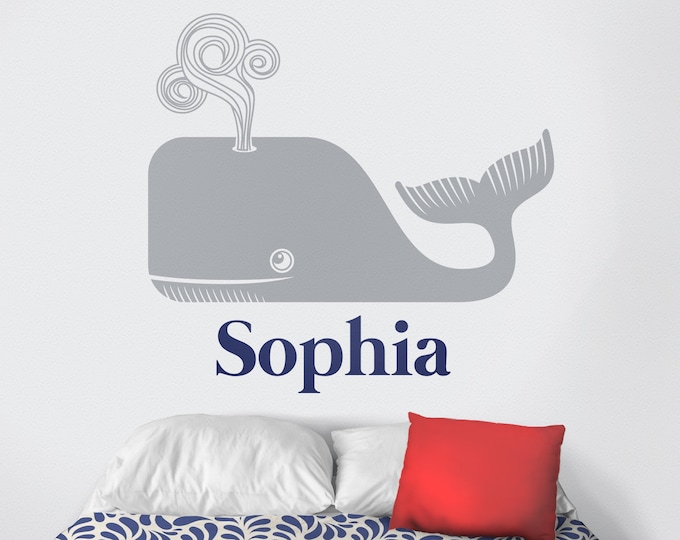 Personalized whale wall decal- custom name, cute animal art, name sticker, nautical art, nursery decor, children's room, whale motif