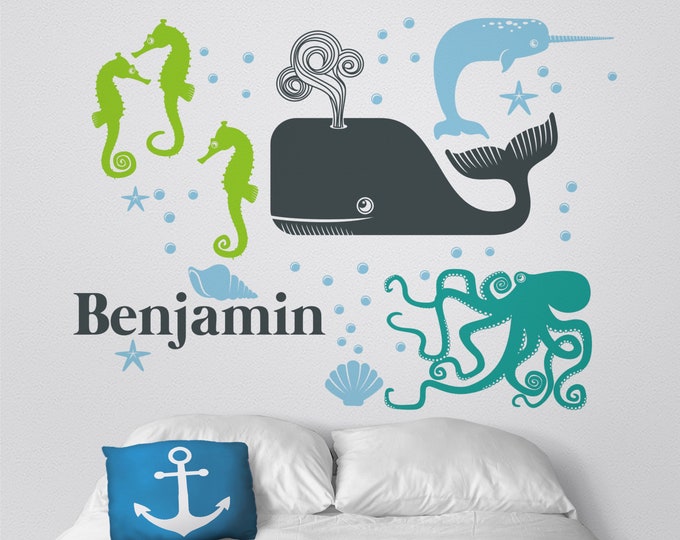 Sea Animals wall decals personalized custom name animal decal for bedroom sea creatures nursery decor custom name