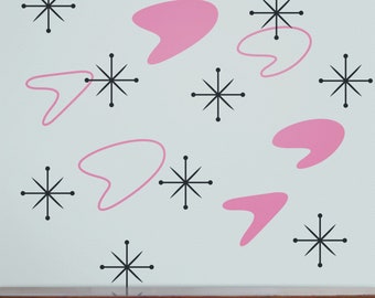Pink boomerang wall decal set with starbursts mid century modern style