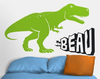 T-rex wall decal, personalized dinosaur decal, tyrannosaurus rex wall decal, gift for young boys, custom name decal, green dinosaur sticker