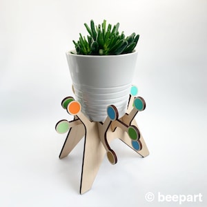 Puede incluir: Un soporte de planta de madera con una maceta de cerámica blanca y una planta suculenta verde. El soporte tiene un diseño único con círculos coloridos en cada pata.