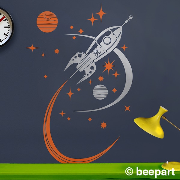 Rocket ship vinyl wall decal Mid Century modern style