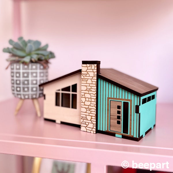 Mid Century Ranch miniature house for mantle or shelf, Ranch style miniature house, Mid Century modern bungalow wooden house