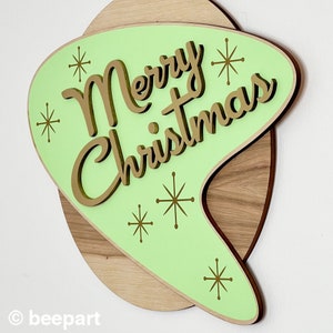 Retro Merry Christmas door sign mid century modern Christmas wall hanging for entryway boomerang wall sign holiday decor for front door