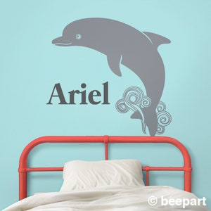 Dolphin wall decal custom name decal, cute animal art, nursery decor, kids room, undersea animals middle grey