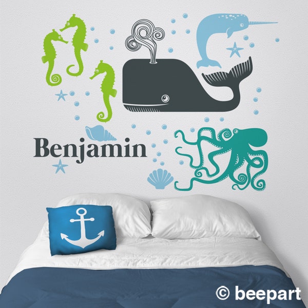 Sea Animals wall decals personalized custom name animal decal for bedroom sea creatures nursery decor custom name