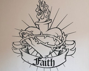 Personalized Sacred Heart Wall Decal: Traditional Tattoo Style