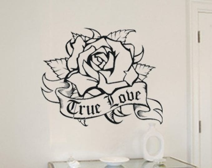 rose wall decal, traditional tattoo wall art, custom decal, personalized sticker art, flower decal, FREE SHIPPING