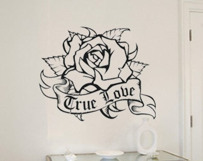 rose wall decal, traditional tattoo wall art, custom decal, personalized sticker art, flower decal, FREE SHIPPING