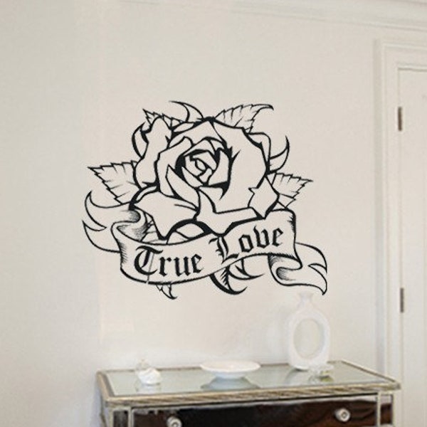 rose wall decal, traditional tattoo wall art, custom decal, personalized sticker art, flower decal, FREE SHIPPING