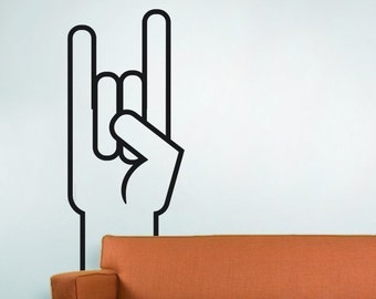 Rock on hand wall decal- rock and roll art, sign of the horns sticker art, heavy metal art, dorm art, music art, 80s art