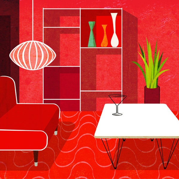 Red interior clip art- mid century architecture, interior design, red room art, royalty free clip art, INSTANT DOWNLOAD