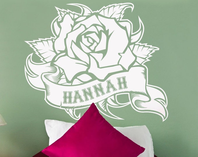 rose wall decal with custom banner, traditional rose tattoo art, rose sticker, vinyl wall decal floral, floral tattoo art