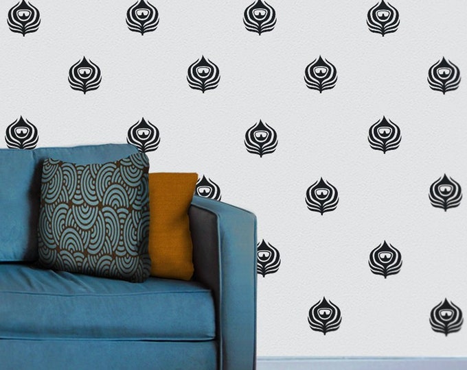 Peacock feathers wall decal pattern set, art deco wall decor, mid century decor, living room decor