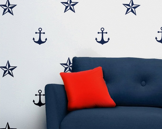 Navy blue anchor wall decals, nautical star, wall sticker, sailor art, nautical motif, living room decor, beach house, maritime art