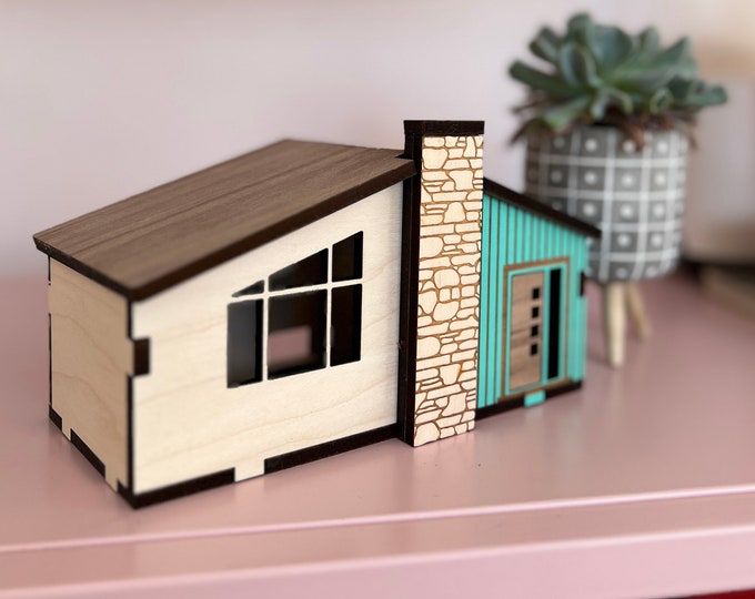 Mid Century bungalow miniature house, atomic Ranch style miniature house, Mid Century modern wooden house