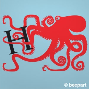 octopus monogram wall decal, large octopus sticker art, custom initial decal, kid's room decor, FREE SHIPPING fire red