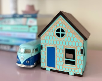 New England Saltbox miniatuurhuis, oostkust saltbox stijl huis, houten huis miniatuur voor plank of mantel