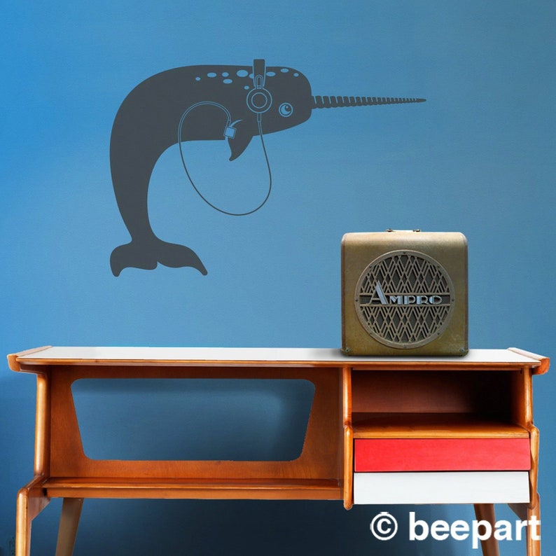 Narwhal with headphones wall decal narwhal sticker, under the sea, sea creatures, music art, musician gift, music lover gift, animal art image 1