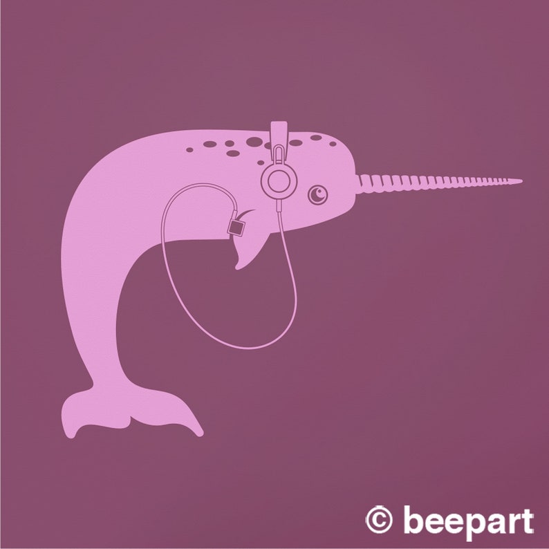 Narwhal with headphones wall decal narwhal sticker, under the sea, sea creatures, music art, musician gift, music lover gift, animal art image 5