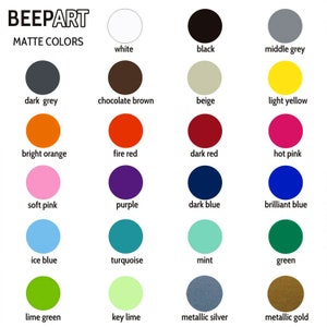 May include: A chart of 18 different matte colors, including white, black, grey, brown, beige, yellow, orange, red, pink, purple, blue, green, lime green, and silver. The colors are displayed in circles with the name of each color written below.