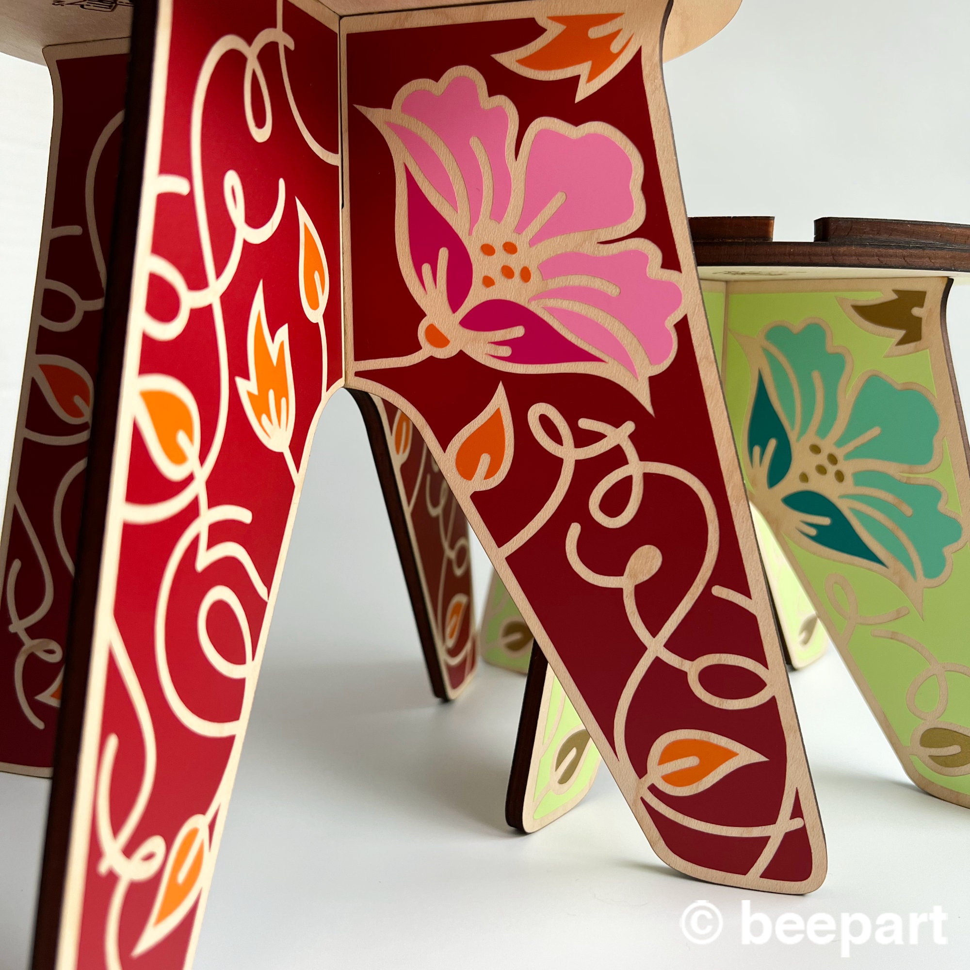 CLEMENTINE wooden plant stand, floral pattern design, wood plant holder