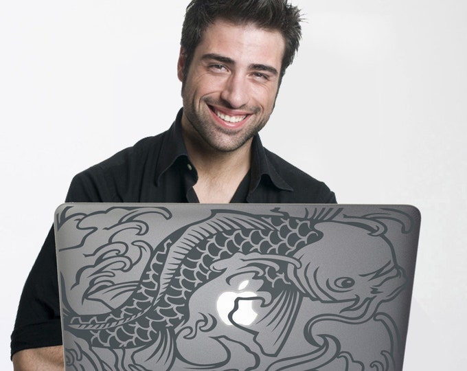 koi fish laptop decal custom fit, vinyl sticker art, traditional tattoo, japanese tattoo, FREE SHIPPING