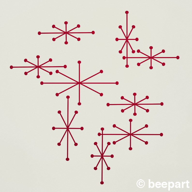 Puede incluir: Una ilustraci&oacute;n digital de nueve formas de estrella roja sobre un fondo blanco. Las estrellas son de diferentes tama&ntilde;os y tienen un estilo retro moderno de mediados de siglo.