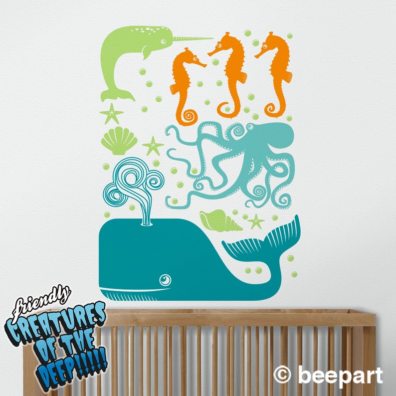 Sea animals wall decal set for kids room ocean animals art stickers cute animal bedroom art vinyl wall decals set of sea creatures image 2