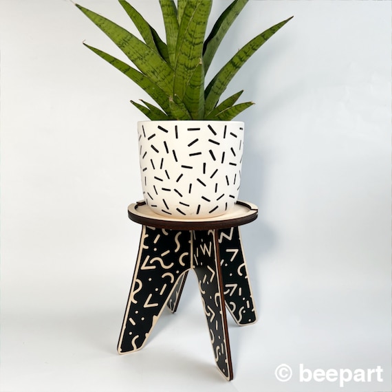 80s Memphis Style Wood Plant Stand - RINGWALD Plant Pedestal