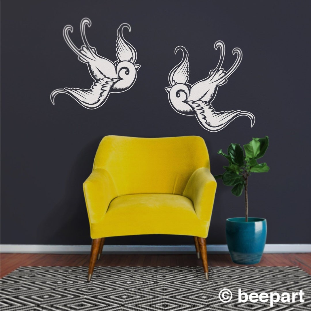 Love Birds Wall Decals Illustrated Bird Art, Traditional Tattoo Swallows, Bird Wall Decal