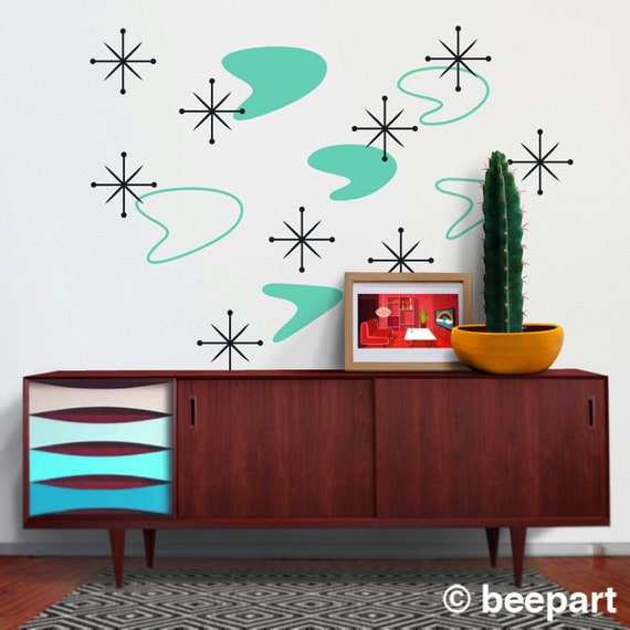 boomerang mid century wall decal set starburst wall decals | etsy