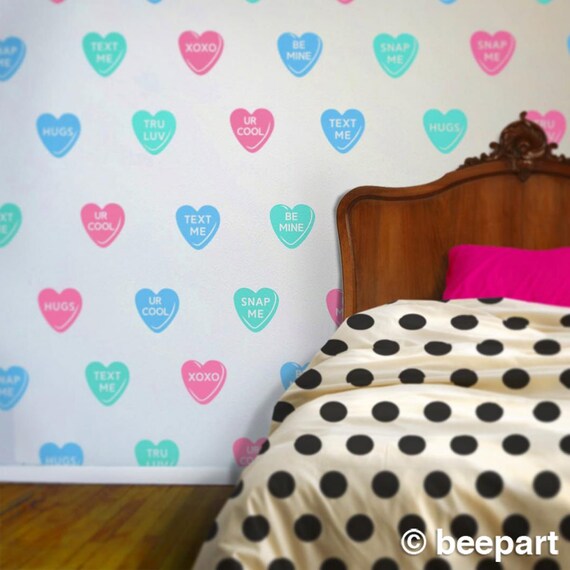 Candy Hearts Wall Decal Set Sweet Hearts Wall Stickers Teen Girls Room Cute Wall Art Bedroom Decor Free Shipping