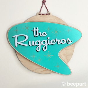 Personalized door hanger, retro family name sign, custom mid century boomerang sign housewarming gift, custom name sign