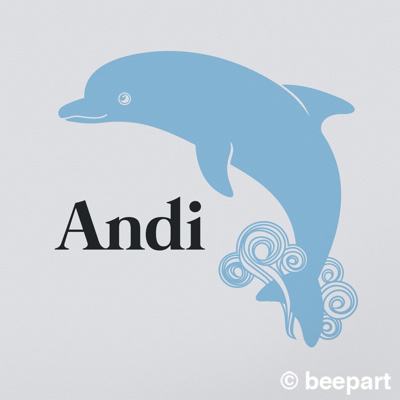 Dolphin wall decal custom name decal, cute animal art, nursery decor, kids room, undersea animals ice blue