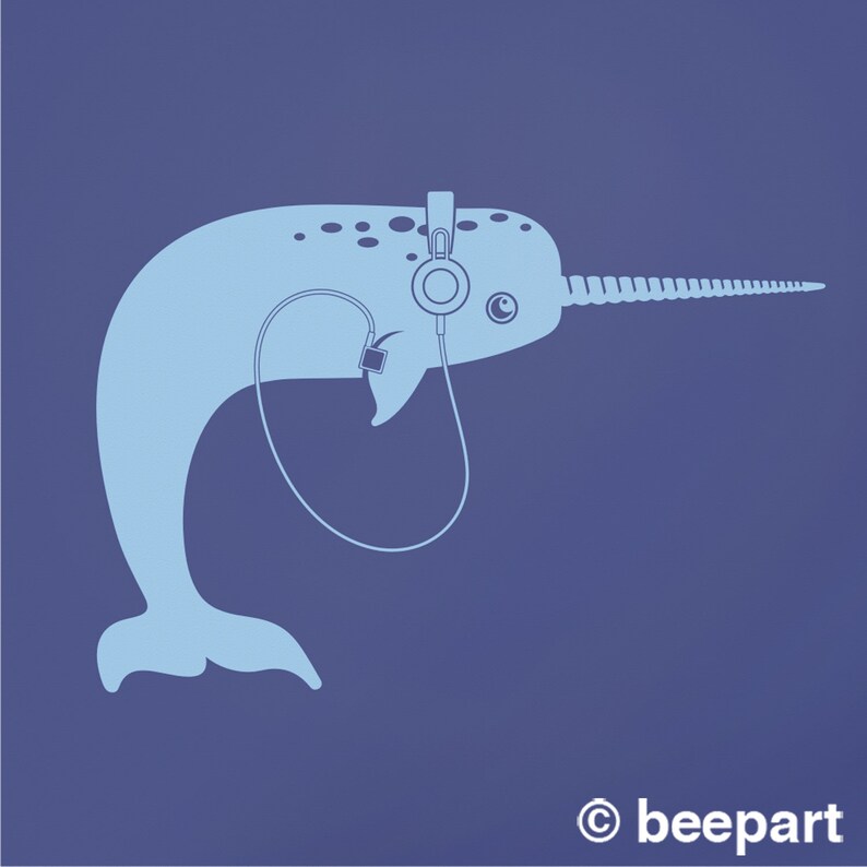 Narwhal with headphones wall decal narwhal sticker, under the sea, sea creatures, music art, musician gift, music lover gift, animal art image 4