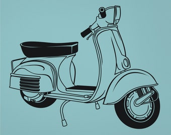 vespa muur sticker, vintage scooter muur sticker, geïllustreerde vespa kunst, jaren '60 retro vespa kunst, stedelijke inrichting, Italiaanse scooter kunst, GRATIS VERZENDING