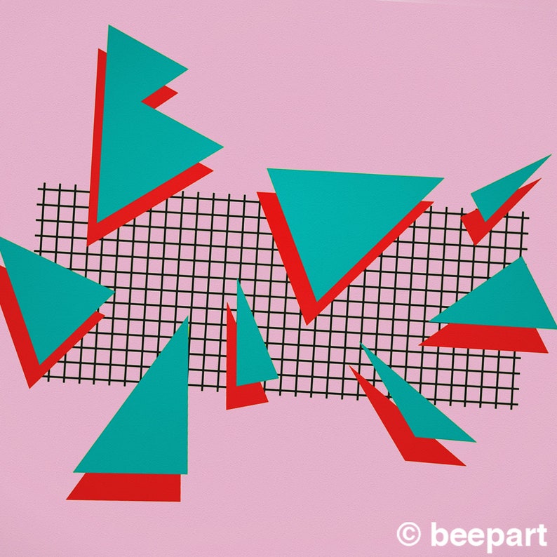 May include: Abstract geometric design with teal and red triangles on a pink background with a black grid pattern.