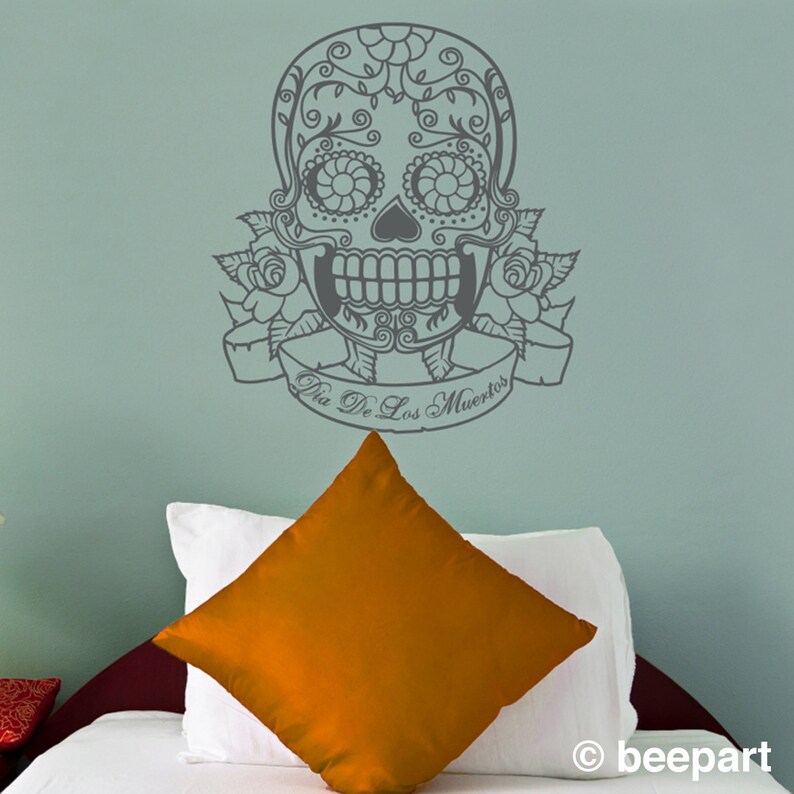 sugar skull wall decal with custom banner, day of the dead sticker, dia de lost meurtos decor, mexican decor, mexican art, FREE SHIPPING image 1