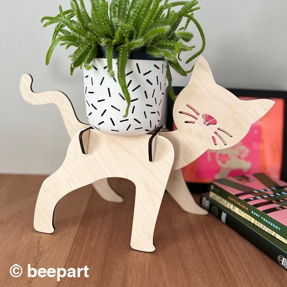Cat Plant Stand: Wooden Indoor Plant Pedestal