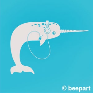 Narwhal with headphones wall decal narwhal sticker, under the sea, sea creatures, music art, musician gift, music lover gift, animal art image 2
