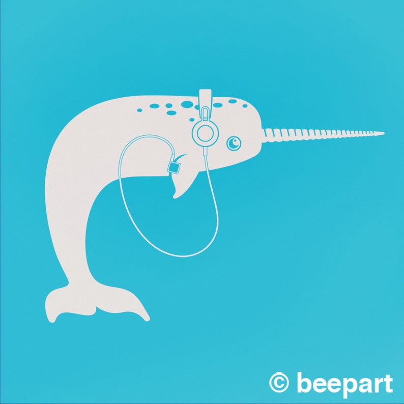 Narwhal with headphones wall decal narwhal sticker, under the sea, sea creatures, music art, musician gift, music lover gift, animal art image 2