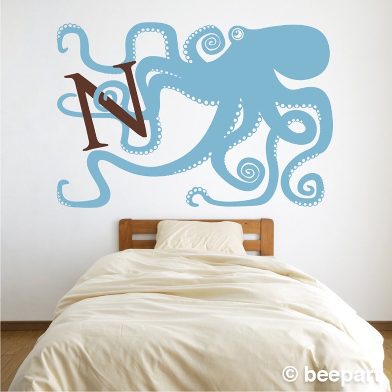 octopus monogram wall decal, large octopus sticker art, custom initial decal, kid's room decor, FREE SHIPPING ice blue