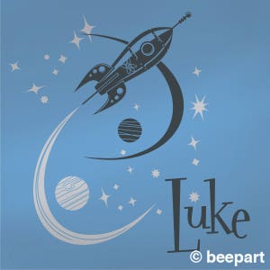 May include: A blue and gray rocket ship flying through space with planets and stars. The name "Luke" is written in black letters with a copyright symbol and the word "beepart" below it.
