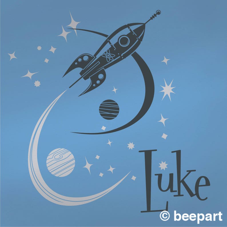 May include: A blue and gray rocket ship flying through space with planets and stars. The name "Luke" is written in black letters with a copyright symbol and the word "beepart" below it.