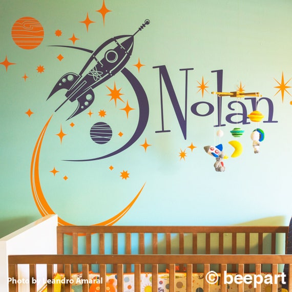 Personalized Rocket Ship vinyl wall decal with stars and planets