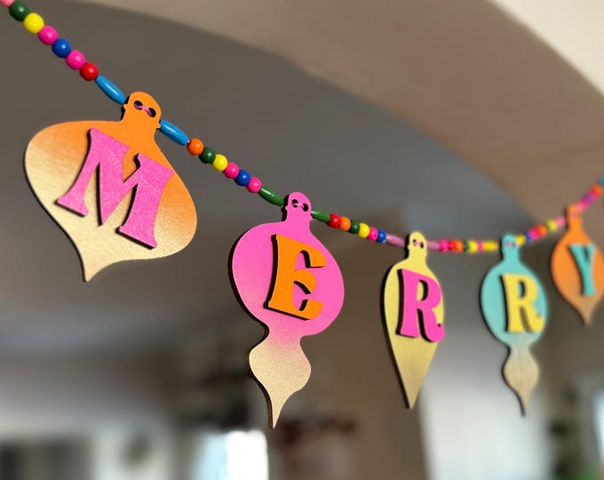 Merry Christmas Garland, retro ornament Holiday Garland, Colorful Christmas garland for entranceway, Jolly garland, wood garland