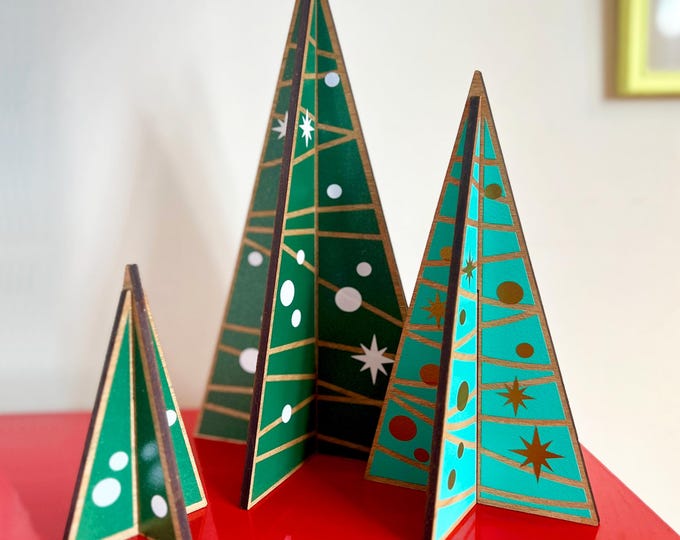 Christmas tree centrepiece, wood Christmas tree for mantle or shelf, mid century Christmas tree for table