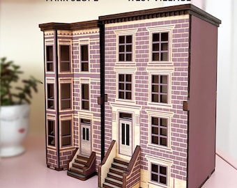 NYC brownstone bookshelf miniature house New York City wood book nook house 1:48 scale